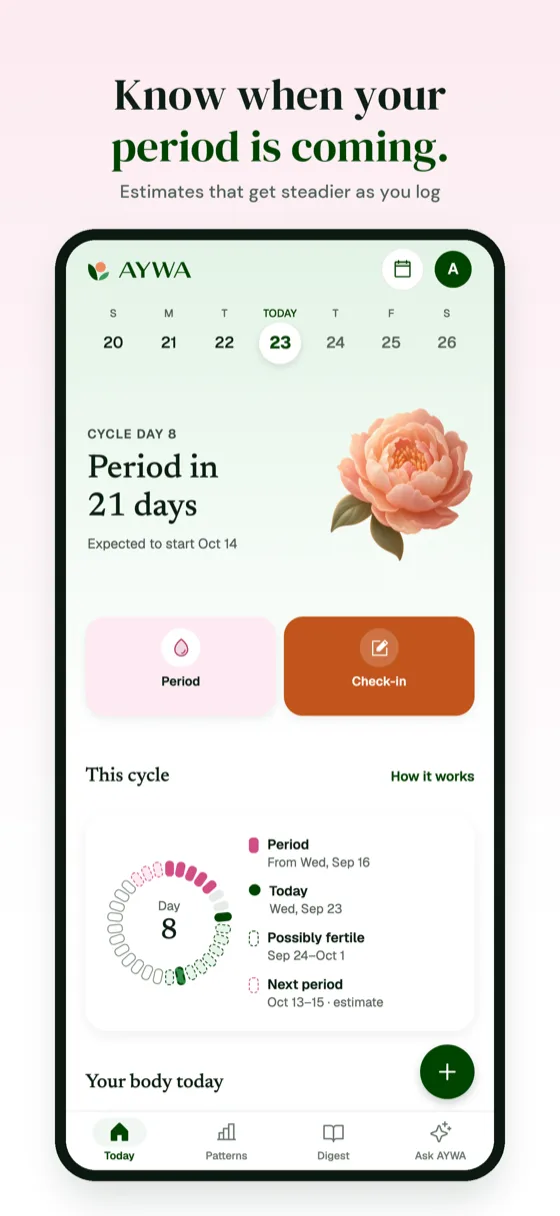 AYWA’s Today screen on iPhone: cycle day 8, period expected in 21 days, with possibly fertile days and the next period shown as an estimated range
