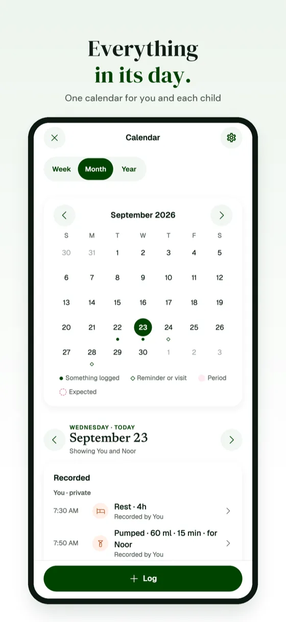 AYWA’s calendar on iPhone: a month view with logged days, reminders, and period and expected days marked differently